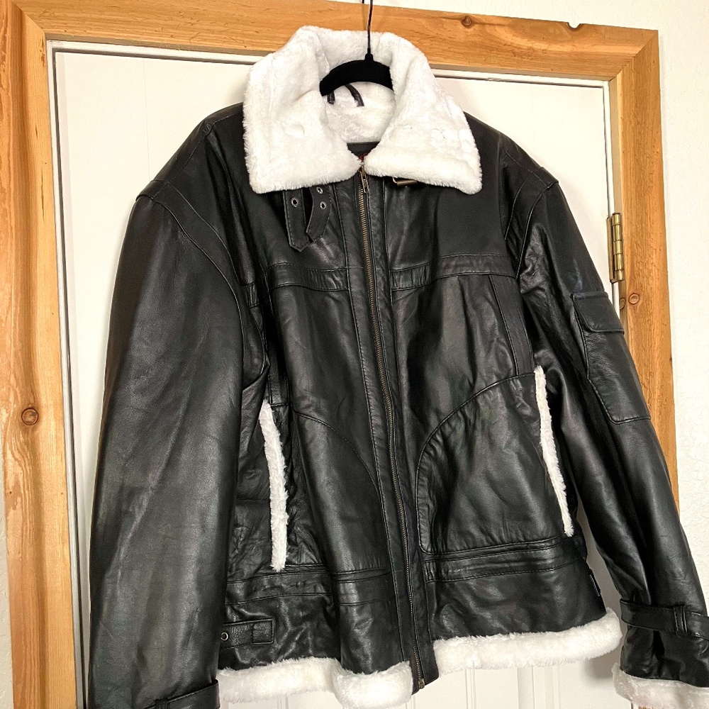 Real Leather brand Lined Leather Jacket, black with white “sheepskin” lining.